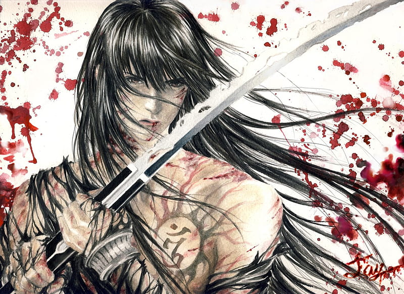 Kanda Yu, male, tattoo, shirtless, blood, weapons, d gray man, d-gray man,  blade, HD wallpaper | Peakpx
