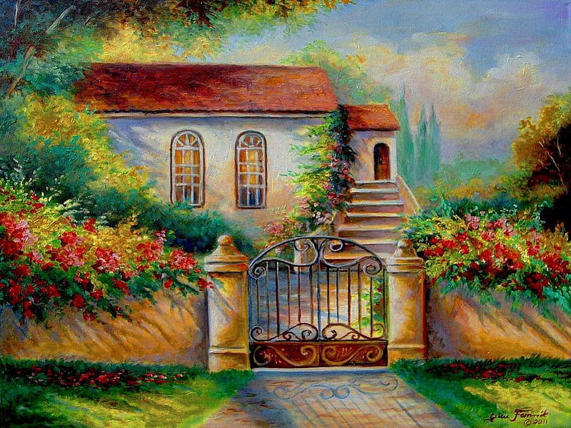 Garden scene, pretty, colorful, house, cottage, bonito, villa, nice, painting, flowers, gate, art, lovely, spring, roses, summer, garden, nature, scene, HD wallpaper