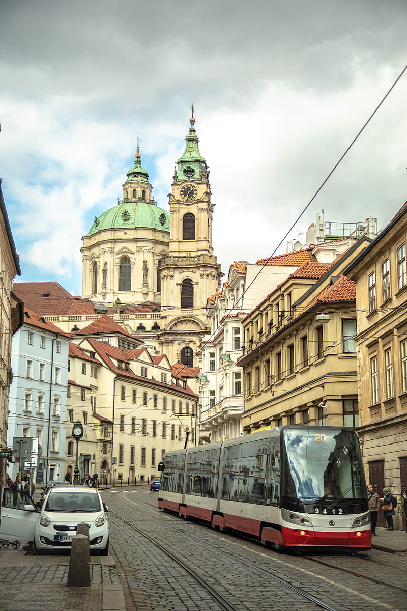 Prague, church, city, europe, old, pretty, street, tram, travel, urban, HD phone wallpaper