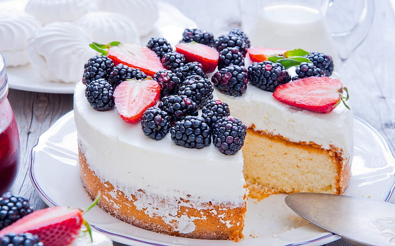 Cake, cream, pastries, strawberries, berries, HD wallpaper