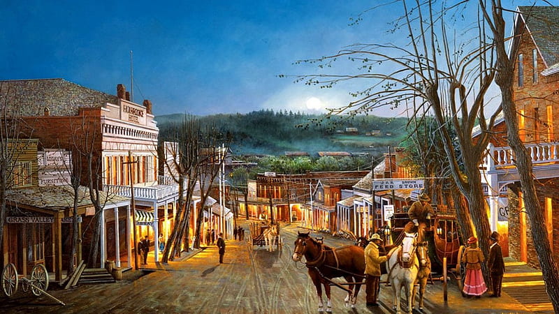 Back When, old west, horses, town, people, HD wallpaper