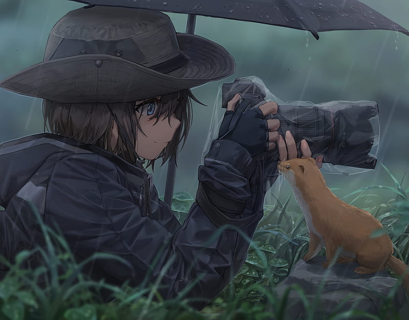 anime girl, grapher, raining, waterproof coat, umbrella, Anime, HD wallpaper