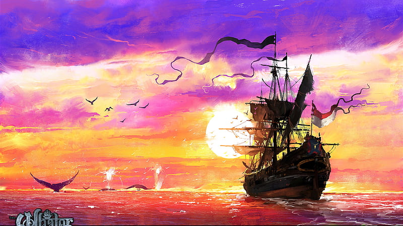 Artistic, Sailing Ship, Ocean, Sunset, HD wallpaper