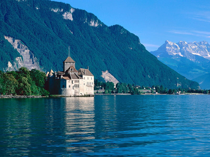 Chateau de Chillon Lake Geneva Switzerland, peaks, snowy, switzerland, europe paradise, HD wallpaper