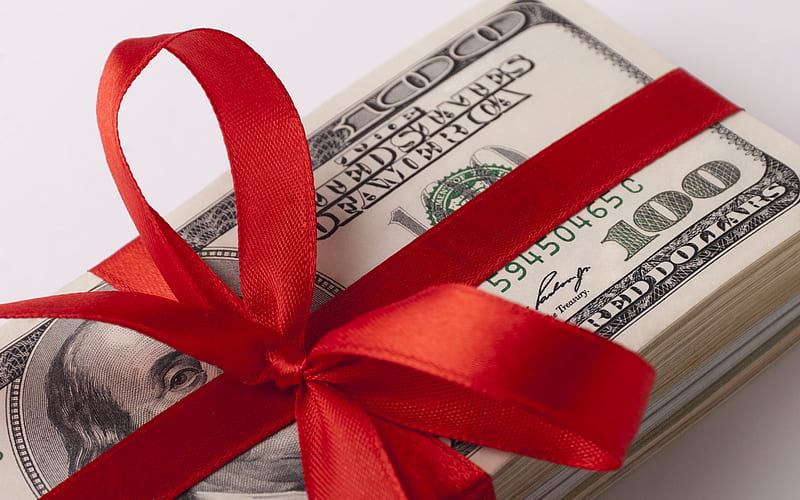 american dollars with red silk bows, pack of dollars, gift, pack of 100 dollar bills, money, finance concepts, 100 dollar bills bundle, HD wallpaper