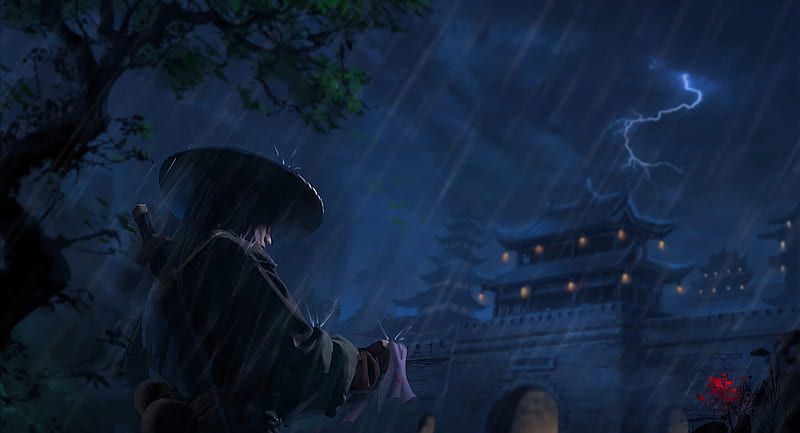 samurai, warrior, katana, rain, art, dark, HD wallpaper