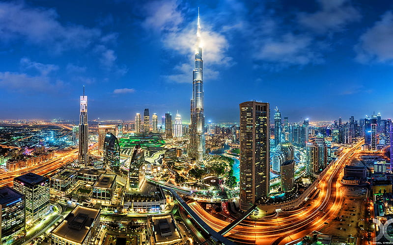 Burj Khalifa, panorama, skyscrapers, United Arab Emirates, nightscapes, cityscapes, Dubai, UAE, HD wallpaper