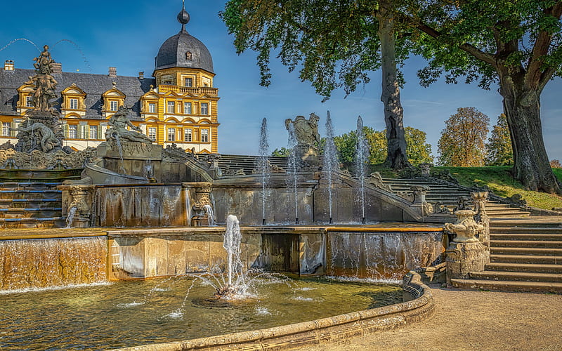 Seehof Palace, Memmelsdorf, Bamberg, Schloss Seehof, fountains, evening, castles of Germany, R, Germany, HD wallpaper