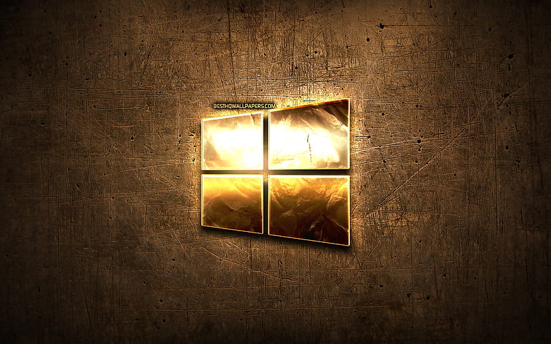Windows 10 golden logo, artwork, OS, brown metal background, creative, Windows 10 logo, brands, Windows 10, HD wallpaper