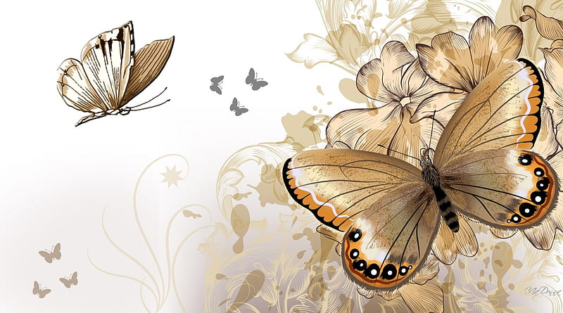 Butterfly Rhapsody, brown, butterflies, spring, abstract, summer, flowers, vines, neutrals, natural, HD wallpaper