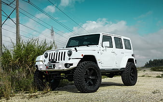 Jeep Wrangler, American SUV, tuning, White Jeep, Black Wheels, HD wallpaper