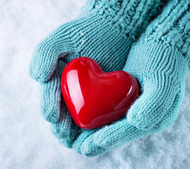 With Love, heart, mittens, snow, winter, HD wallpaper