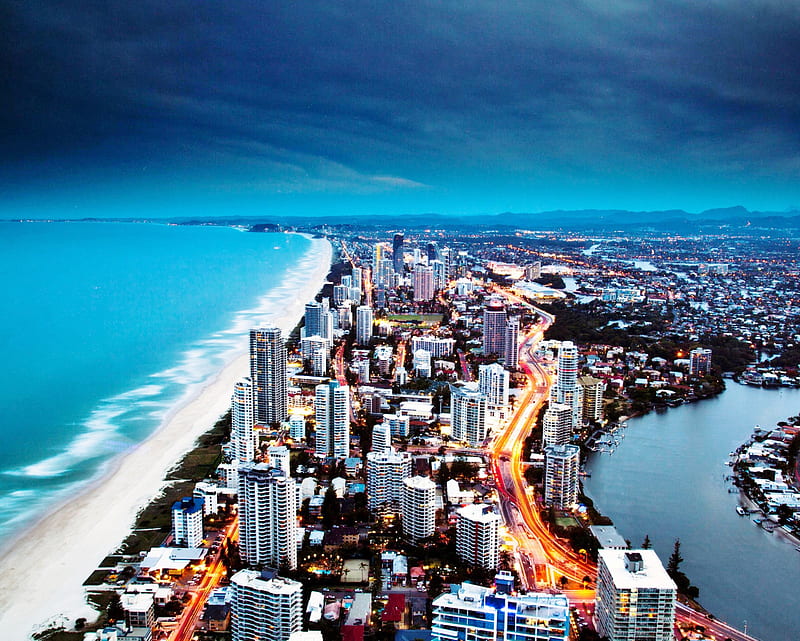 Australia, buildings, cityscape, coast, gold, landscape, ocean, HD wallpaper