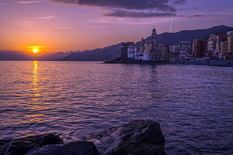 Towns, Liguria, Italy, Sea, Sunset, HD wallpaper