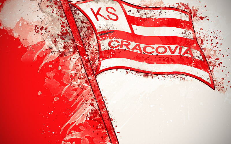 KS Cracovia paint art, logo, creative, Polish football team, Ekstraklasa, emblem, red white background, grunge style, Krakow, Poland, football, HD wallpaper