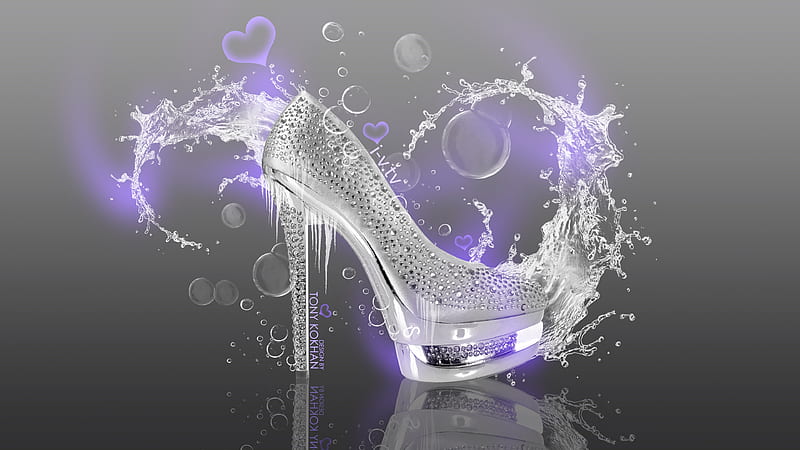 Fantasy shoe, luminos, black, creative, silver, splash, tony kokhan, fantasy, purple, summer, bubbles, shoe, stilettos, white, pink, HD wallpaper