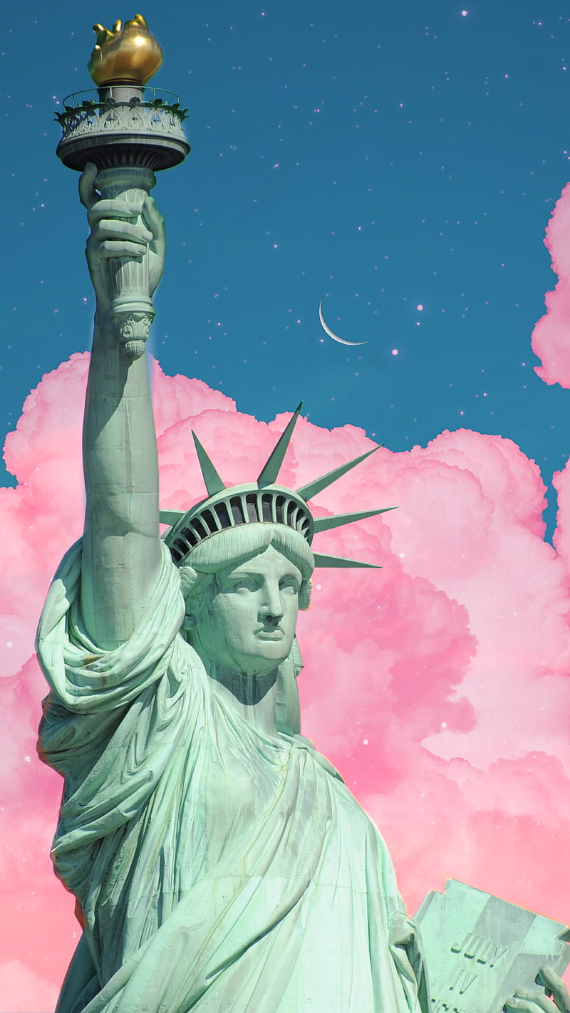 statue of liberty , apple, manhattan, statue, texas, york, aesthetic, clouds, green, iphone, lady, liberty, love, new, nyc, pink, sky, HD phone wallpaper