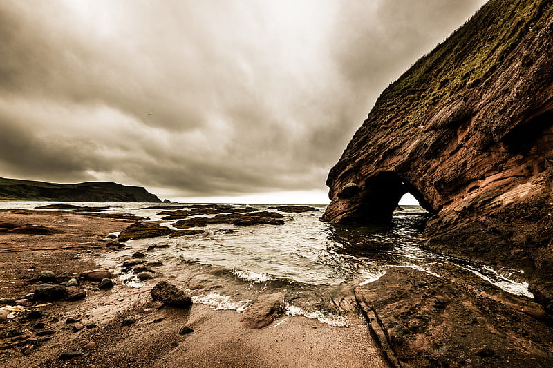 rock, cliff, sea, waves, beach, HD wallpaper