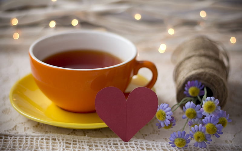 Morning love, red, orange, yellow, valentine, tea, lights, love, heart, cup, flower, blue, HD wallpaper