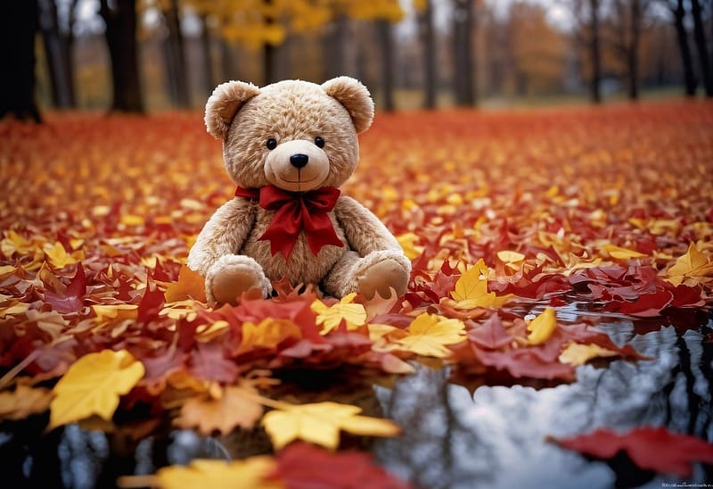Stuffed toy teddy bear and autumn leaves, termeszet, jatek, osz, esik, kitomott jatek, levelek, tajkep, medve, oszi levelek, erdo, HD wallpaper