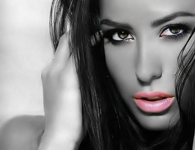 Lips Kiss, sensual, look, black and white, pink lips, soft pink, lips, kiss, girl, beauty, HD wallpaper