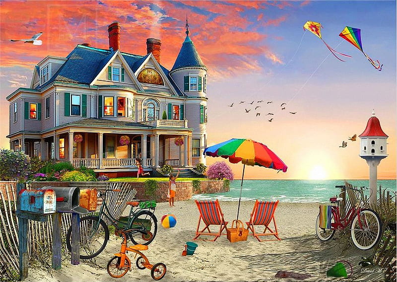 Beach Victorian, house, chairs, umbrella, bicycle, sunset, sky, artwork, sea, digital, HD wallpaper