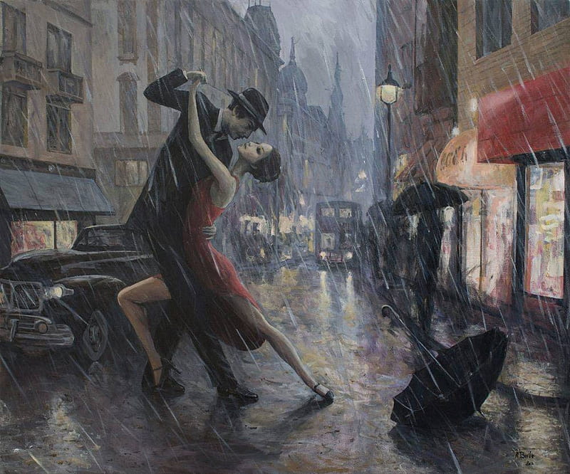 Tango dancers, art, luminos, tango, umbrella, man, woman, dancer, hat, city, girl, painting, rain, pictura, street, couple, HD wallpaper