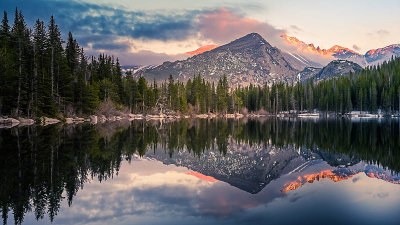 rocky mountains, national park, trees, lake, clouds, reflection, scenery, Nature, HD wallpaper