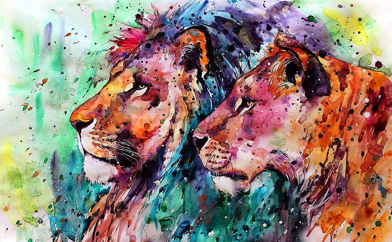 Lions, colorful, art, leu, painting, pictura, couple, lion, HD wallpaper