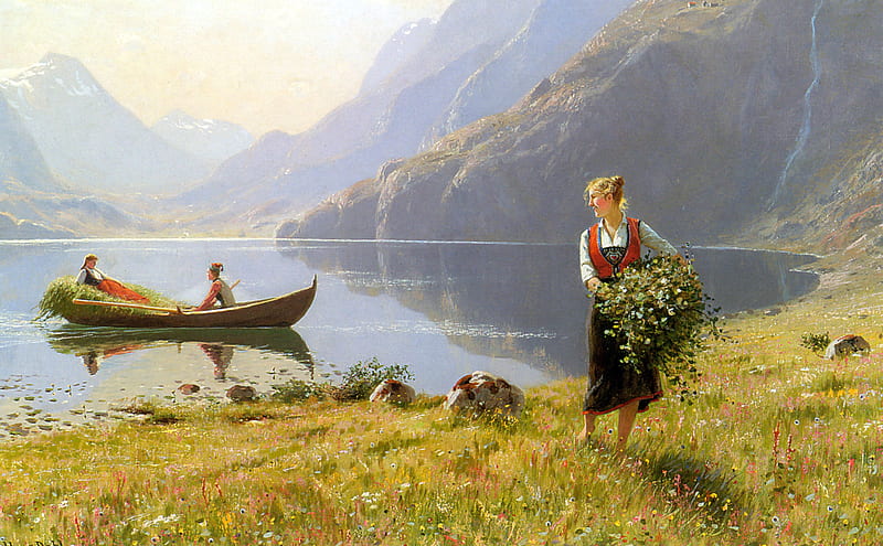 :), vara, boat, girl, painting, summer, pictura, hans dahl, lake, HD wallpaper