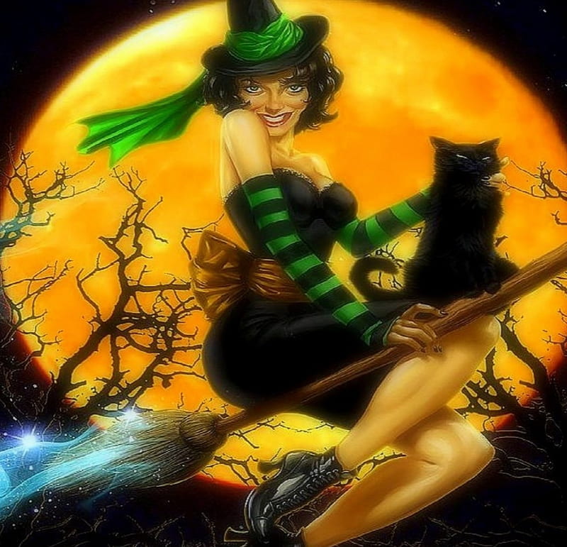 Halloween Night Flight, moons, witch, holiday, halloween, love four seasons, digital art, cat, pin-up, broom, hat, fantasy, paintings, black cat, HD wallpaper