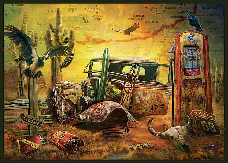 Route 66, wreck, desert, car, painting, birds, cactus, scrap metal, HD wallpaper