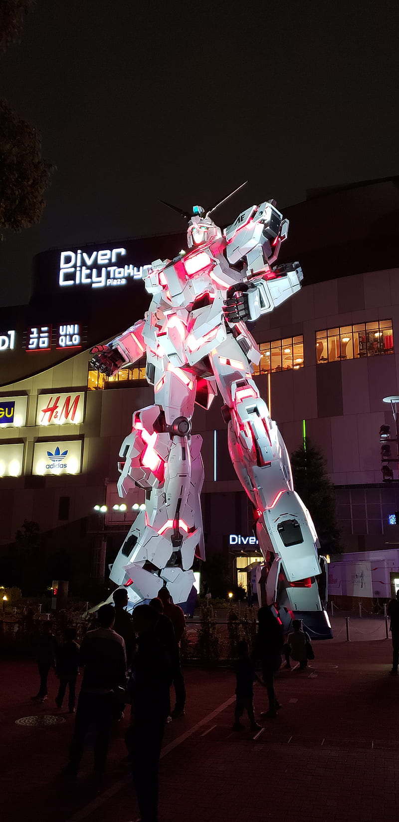Unicorn Gundam, diver city, japan, light, mobile suit, night, robot, tokyo, HD phone wallpaper