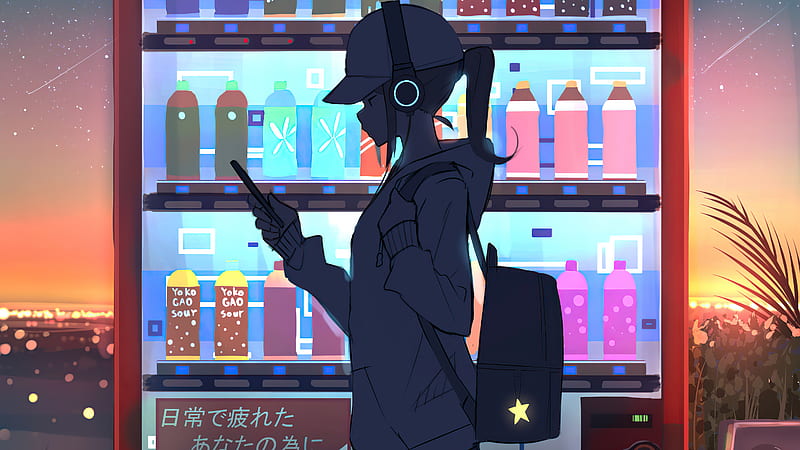 automat, anime girl, headphones, profile view, cap, Anime, HD wallpaper