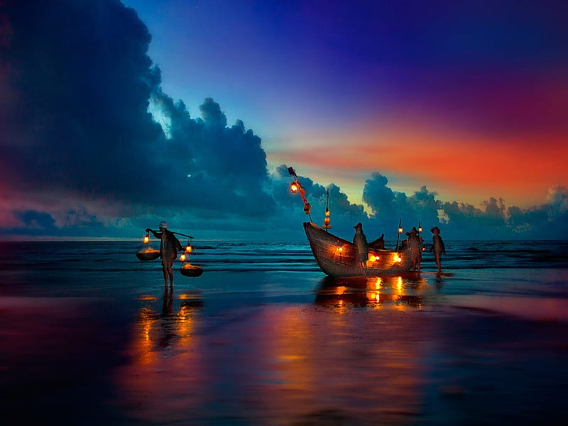 Beach at Night, Boat, Light, Fisherman, Colourful, HD wallpaper