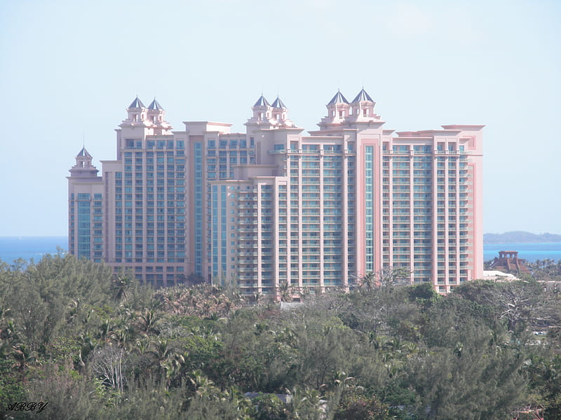The Atlantis hotel, graphy, Hotels, Modern, green, trees, pink, HD wallpaper