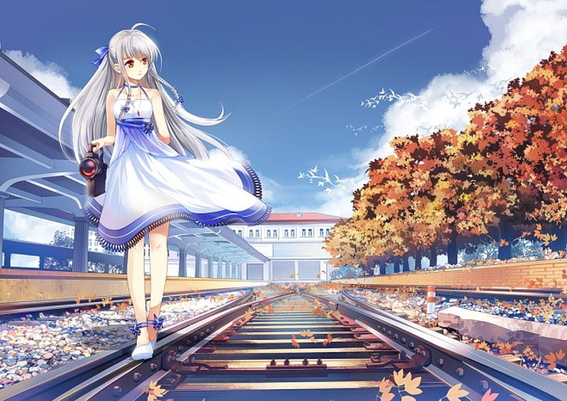Railway, dress, scenic white hair, plant, bonito, city, anime, beauty, anime girl, scenery, realistic, long hair, train station, female, cloud, gown, town, sky, tree, girl, station, nature, silver hair, lady, tracks, scene, maiden, HD wallpaper