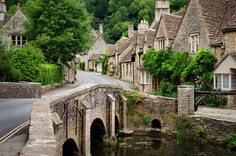 Costwolds-England, british, houses, greenery, town, quaint, que, England, stones, bridge, english, peaceful, village, river, HD wallpaper