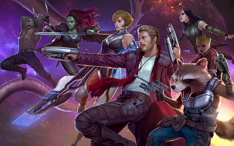 Guardians Of The Galaxy Marvel Future Fight, marvel-future-fight, games, guardians-of-the-galaxy, star-lord, gamora, drax-the-destroyer, rocket-raccoon, groot, HD wallpaper