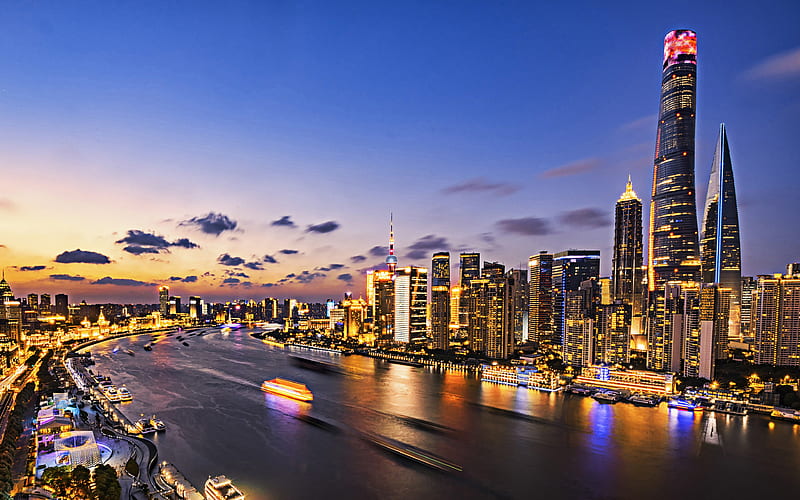 Shanghai, Huangpu River, R, modern buildings, sunset, skyscrapers, Lujiazui Nig, China, Asia, HD wallpaper