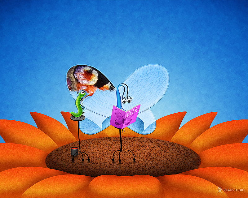 Funny sunflower, sunflower, funny, butterfly, abstract, HD wallpaper