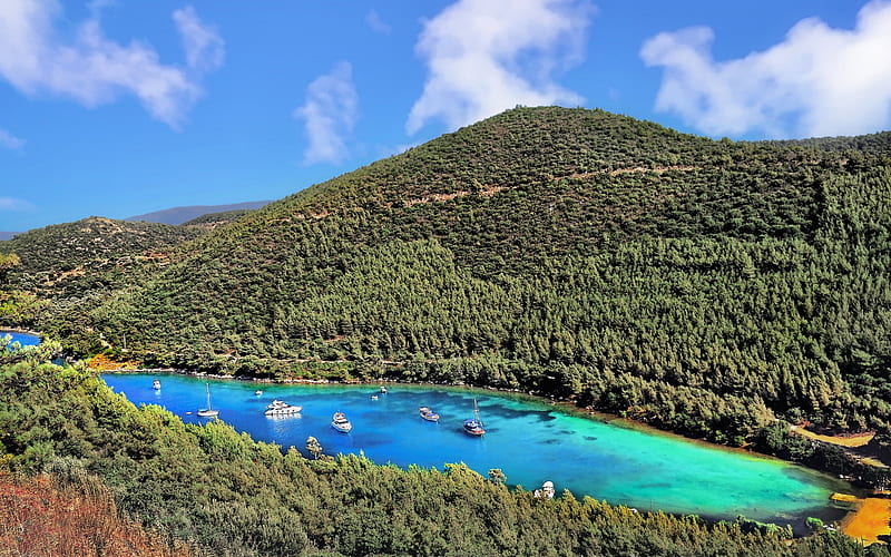 Bodrum, bay, Aegean Sea, blue lagoon, mountain landscape, forest, Turkey, HD wallpaper