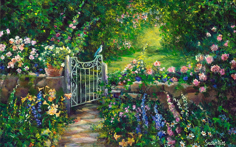 Pretty garden flowers and gate, Garden, Bushes, Gate, Flowers, Bird, HD wallpaper