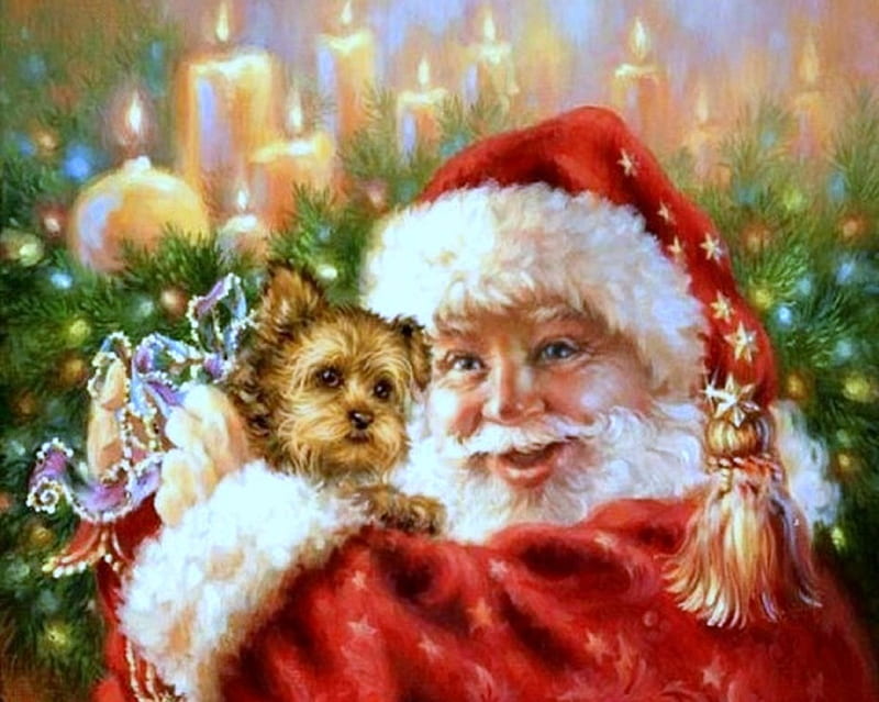 ★Santa's Puppy★, pretty, Christmas, holidays, santa claus, xmas and new year, lights, greetings, paintings, dog, puppy, lovely, colors, love four seasons, creative pre-made, candles, winter holidays, weird things people wear, HD wallpaper