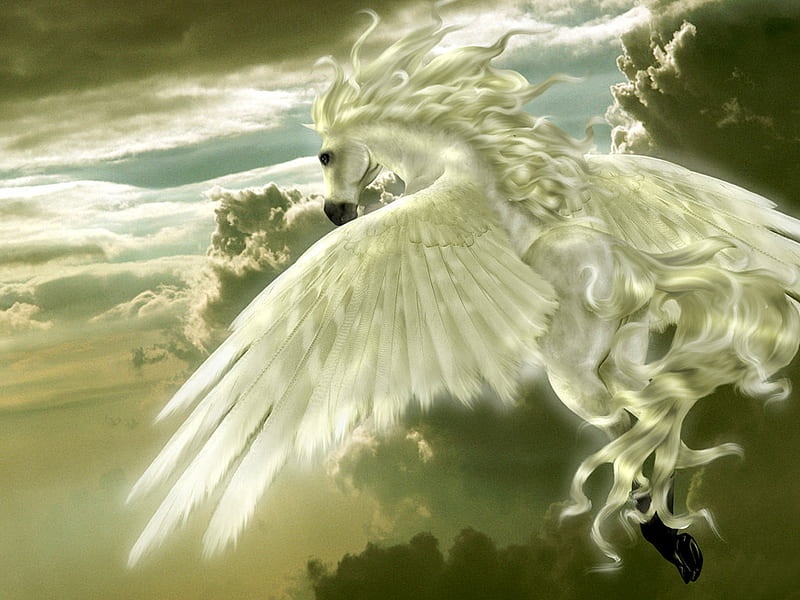Flying Pegasus, wings, winged, horse, clouds, sky, HD wallpaper