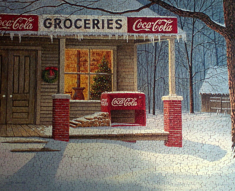 Christmas-Puzzle - The Corner Store, christmas tree, christmas, decoration, puzzle, winter, corner, snow, coca-cola, store, groceries, HD wallpaper