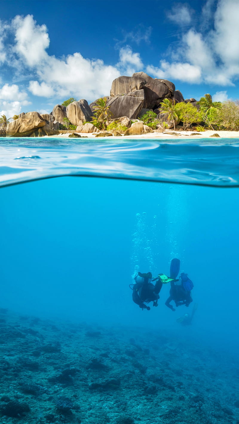 Diving, blue, bubbles, island, nature, ocean, sea, sky, water, HD phone wallpaper