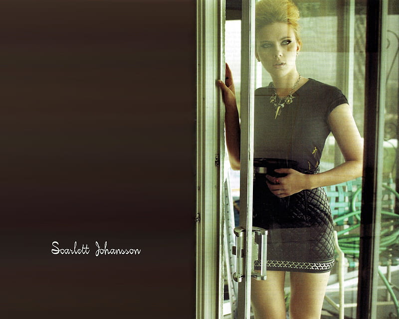 Scarlett Johansson, window, black dress, scarlett, blonde, johansson, door, HD wallpaper