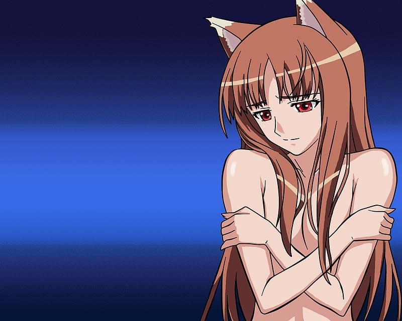 Holo, horo, girl, wolf girl, blue backround, wolf, long hair, orange hair, red eyes, spice and wolf, HD wallpaper