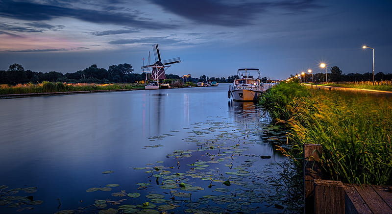 Buildings, Windmill, Boat, Canal, Evening, Netherlands, HD wallpaper